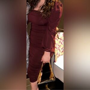 AX Paris Burgundy Ruched Midi Bodycon Dress
